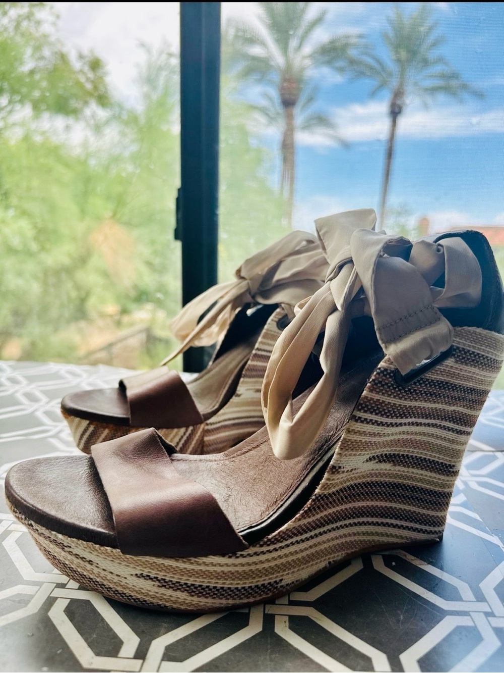 UGG Taupe Ribbon Tie Striped Wedge Sandals